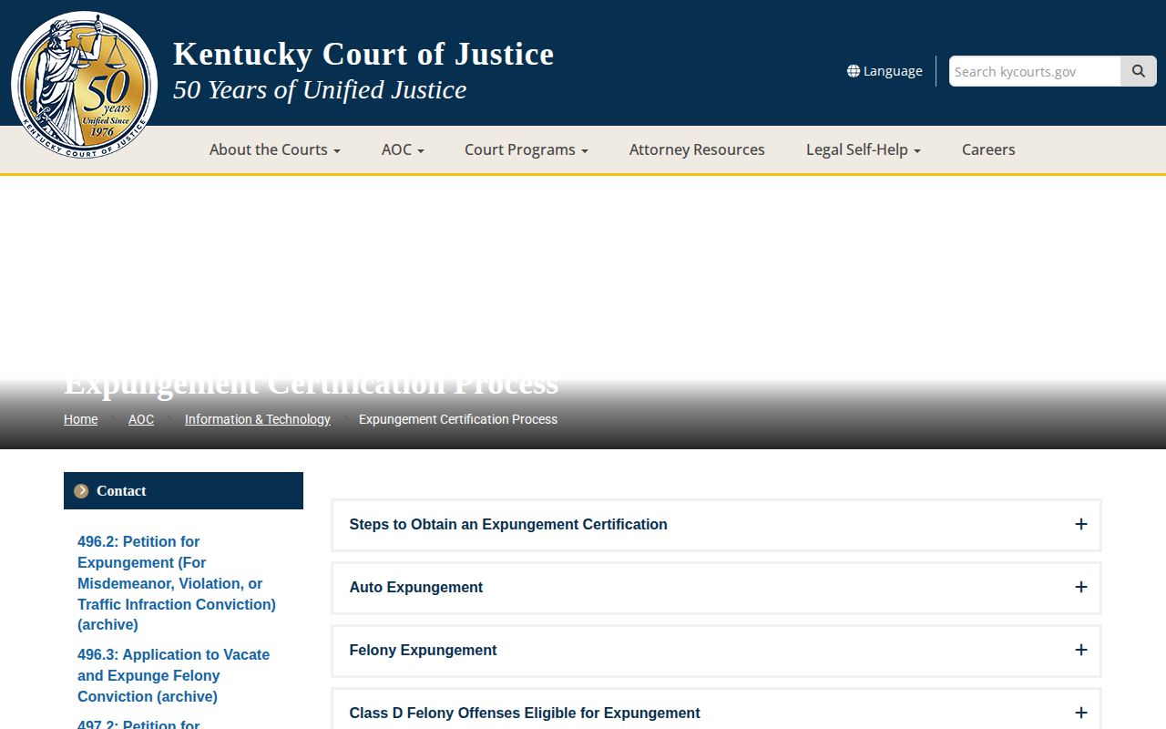 Kentucky Court of Justice expungement information page